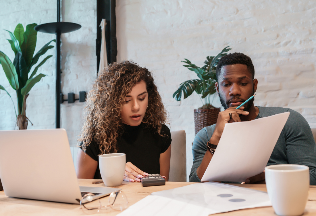 Two accountants using accounting and budgeting software.