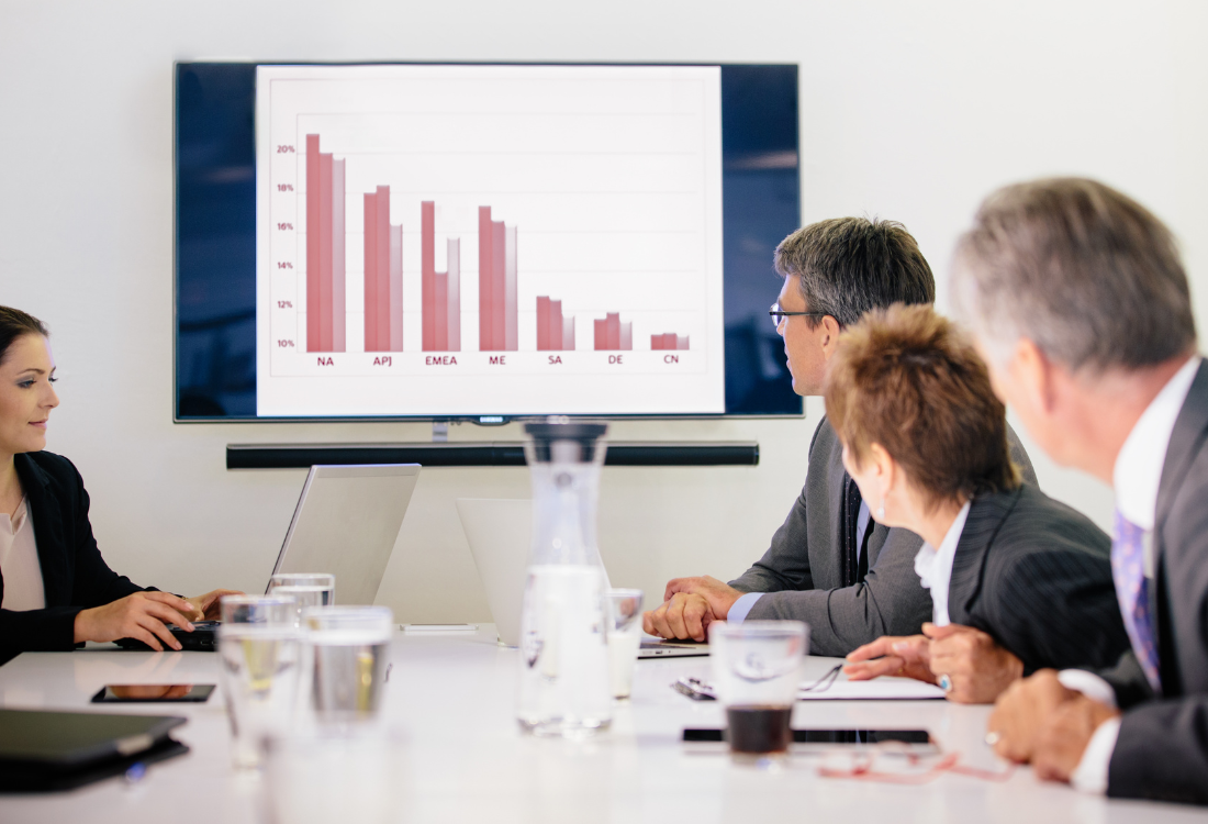CFO's in a board room looking at data on a large TV on a wall which is showing digital transformation and data-driven decision making. 
